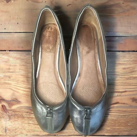 Corso Como Pewter Metallic Leather Ballet Flats Zipper Detail - Picture 1 of 9